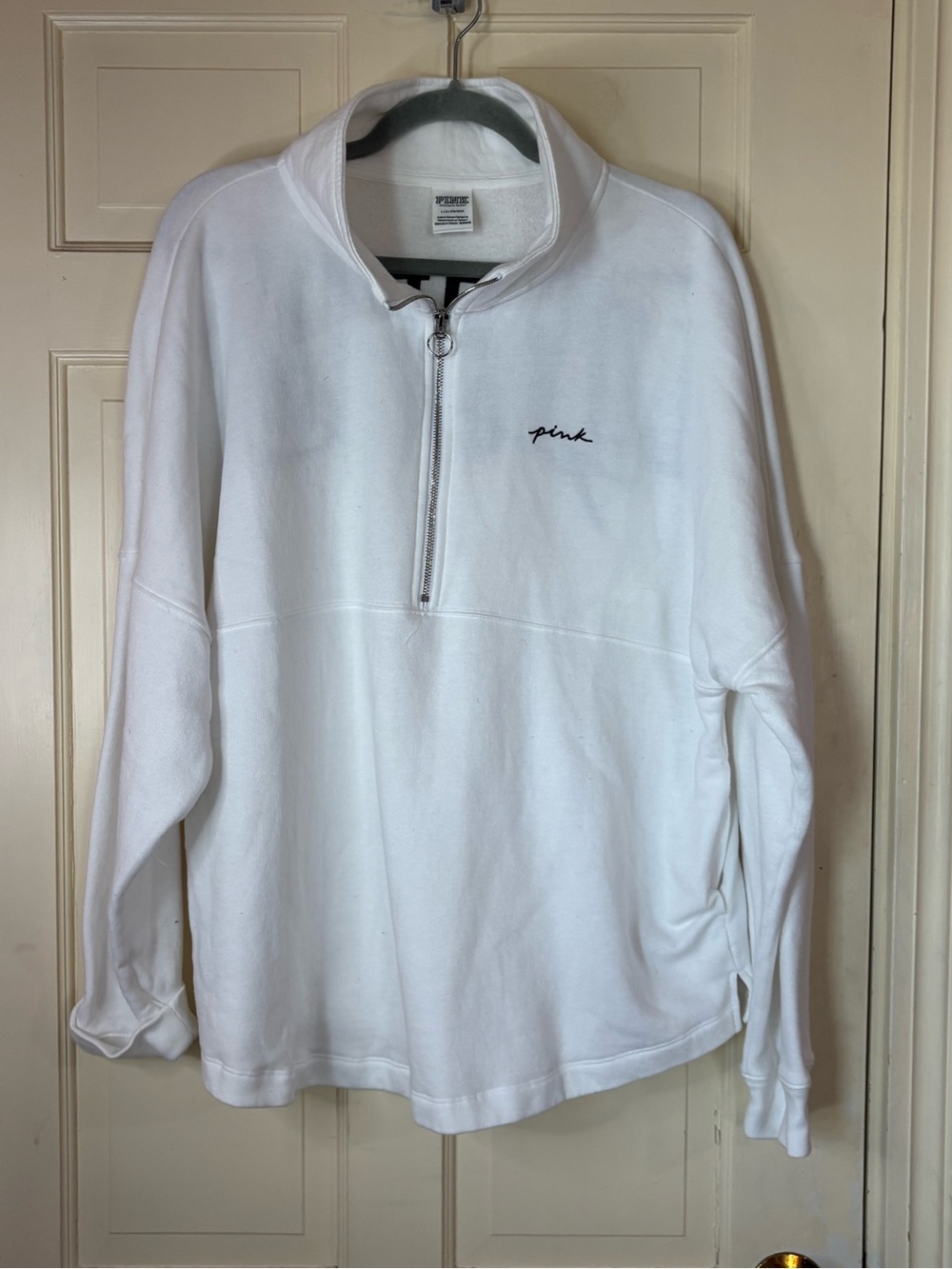 VICTORIA'S SECRET Pink Varsity Half Zip Pullover Sweatshirt Size Large White